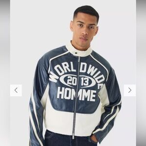 Brand New Boohoo Boxy Cropped Moto Panel Moto Jacket Dark Blue Navy Medium